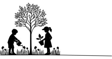 continuo uno negro línea Arte dibujo silueta de niños riego un árbol. plantando árbol a salvar el mundo y tierra día reducir global calentamiento crecimiento concepto vector ilustración en blanco antecedentes