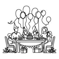 single continuous drawing black line family dinner sitting at table to celebration anniversary happy birthday party doodles vector