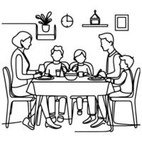 Continuous one black line art drawing happy family father and mother with child. having dinner sitting at table doodles style vector illustration on white background