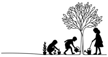 continuo uno negro línea Arte dibujo silueta de niños riego un árbol. plantando árbol a salvar el mundo y tierra día reducir global calentamiento crecimiento concepto vector ilustración en blanco antecedentes