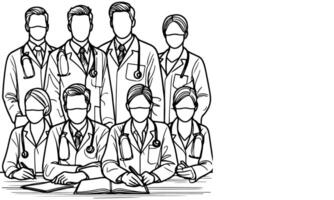 Continuous one black line art hand drawing doctors. National doctor day concept vector illustration on white background with copy space