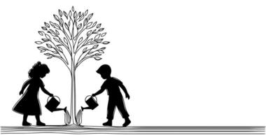 continuo uno negro línea Arte dibujo silueta de niños riego un árbol. plantando árbol a salvar el mundo y tierra día reducir global calentamiento crecimiento concepto vector ilustración en blanco antecedentes