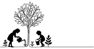 continuo uno negro línea Arte dibujo silueta de niños riego un árbol. plantando árbol a salvar el mundo y tierra día reducir global calentamiento crecimiento concepto vector ilustración en blanco antecedentes