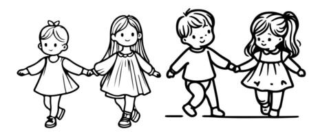 Continuous one black line art hand drawing child walking doodles outline cartoon characters set style coloring page vector illustration  on white background