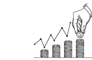 continuo uno negro línea de cerca empresario mano poniendo moneda en pilas cada línea. negocio ahorro dinero concepto garabatear vector ilustración en blanco antecedentes.