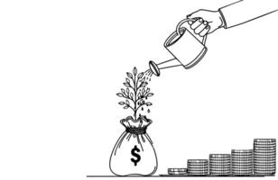 AI generated A small tree sprouts growing in stacking coin and money bag, financial goal business doodle concept vector illustration