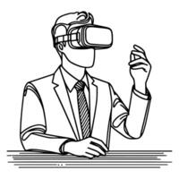 single continuous drawing black line art linear businessman in office using virtual reality headset simulator glasses with computer doodle style sketch vector