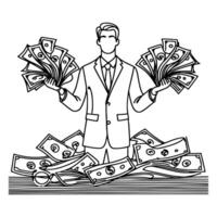 continuous one line businessman displaying a spread of us dollar cash, holding money to showing doodle vector illustration on white background