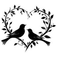 Birds fly to make a heart shape of love. hand drawing birth silhouette black outline art isolated on white background, vector illustration