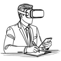 single continuous drawing black line art linear businessman in office using virtual reality headset simulator glasses with computer doodle style sketch vector