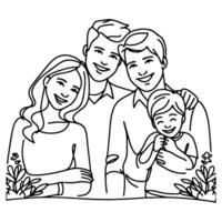 continuo uno negro línea Arte dibujo contento familia padre y madre con niño garabatos estilo vector ilustración en blanco