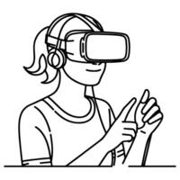 single continuous drawing black line art linear girl using virtual reality headset simulator glasses to learn new technology vector