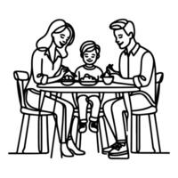 Continuous one black line art drawing happy family father and mother with child. having dinner sitting at table doodles style vector illustration on white background