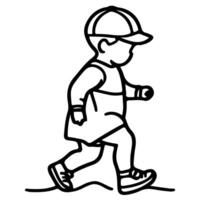 Continuous one black line art hand drawing child walking doodles outline cartoon characters style coloring page vector illustration  on white background