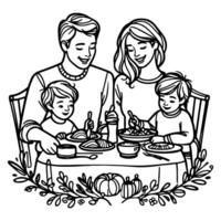 Continuous one black line art drawing happy family father and mother with child. having dinner sitting at table doodles style vector illustration on white background