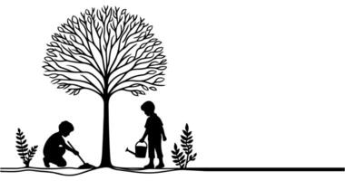 Continuous one black line art drawing Silhouette of children watering a tree. planting tree to save the world and earth day reduce global warming growth concept vector illustration on white background