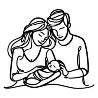 Continuous one black line art drawing parents with newborn baby doodles outline style vector illustration on white background