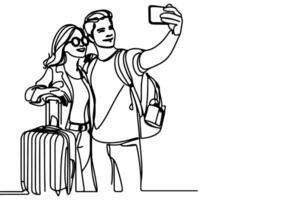 continuous one black line art drawing cheerful young man and girl  holding smartphone to taking acting selfie or video call through mobile phone outline doodle vector family travel concept