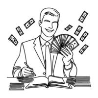 continuous one line businessman displaying a spread of us dollar cash, holding money to showing doodle vector illustration on white background