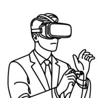 single continuous drawing black line art linear businessman in office using virtual reality headset simulator glasses with computer doodle style sketch vector