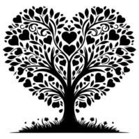 Black love tree with heart leaves. hand draw Valentine tree silhouette clip art isolated on white background, vector illustration