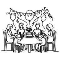 single continuous drawing black line family dinner sitting at table to celebration anniversary birthday party doodles vector