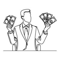 continuous one line businessman displaying a spread of us dollar cash, holding money to showing doodle vector illustration on white background