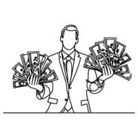 continuous one line businessman displaying a spread of us dollar cash, holding money to showing doodle vector illustration on white background