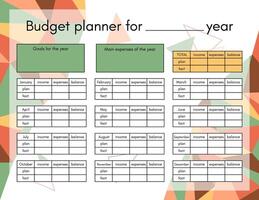 Budget planner yearly template page. Financial plan of incomes, expenses and savings in year. Money accounting for family household or business. Vector printable blank worksheet in poly art style