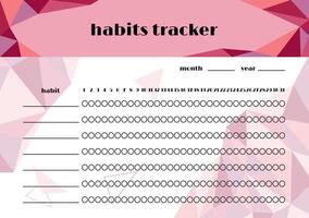 Monthly habits tracker template vector. Polygonal geometric design background with colorful triangle elements. A5 size horizontal page vector