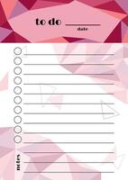 To do list template. Vector daily planner page. Polygonal geometric design background with colorful triangle elements. A5 size design for notebooks, notepads, journals and personal diary
