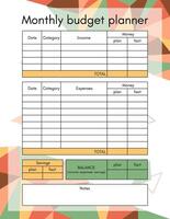 Budget planner monthly template page. Financial plan of incomes, expenses and savings in month. Money accounting for family household or business. Vector flat printable blank worksheet