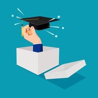 Businessman thinking outside the box and holding a graduation cap vector