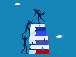 leader helps colleague climb stack of books vector