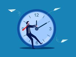 Time management. Businessman pulls the hand of the clock vector