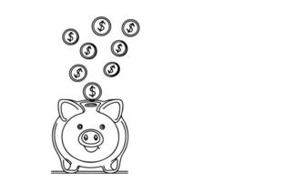 continuous one black line coins falling in Piggy bank doodle style vector illustration on white background