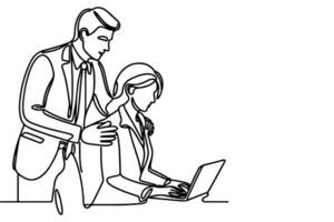 Business man helps colleague at work place and give encouragement vector illustration on white background. continuous one line drawing cartoon