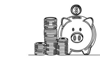 continuous one black line coins falling in Piggy bank doodle style vector illustration on white background