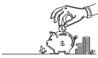 continuous one black line hand putting coins falling in Piggy bank doodle style vector illustration on white background