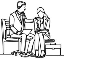 Business man helps colleague at work place and give encouragement vector illustration on white background. continuous one line drawing cartoon