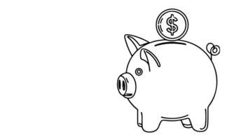 continuous one black line coins falling in Piggy bank doodle style vector illustration on white background