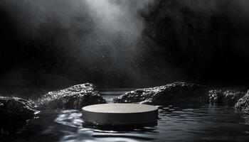 AI generated podium mockup in the water with black background and fog photo