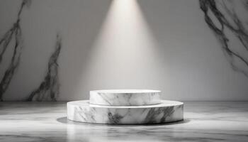 AI generated single Rounded White marble podium mockup with gold, modern podium with a single spotlight photo