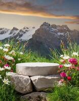 ai generado Roca podio rodeado por flores y verde césped con montaña ver antecedentes foto