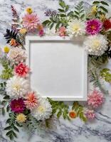 ai generado floral Boda invitación tarjeta Bosquejo, plano laico vacío marco, blanco papel con floral foto