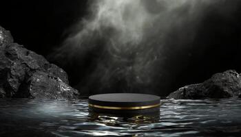 AI generated podium mockup in the water with black background and fog photo