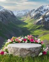 ai generado Roca podio rodeado por flores y verde césped con montaña ver antecedentes foto