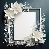 ai generado floral Boda invitación plano laico Bosquejo, blanco marco con flor modelo foto