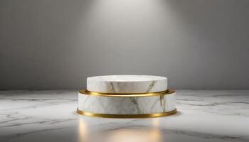 AI generated single Rounded White marble podium mockup with gold, modern podium with a single spotlight photo