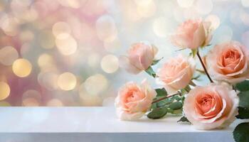 a blank podium mockup with pink rose and bokeh background fro product showcase photo